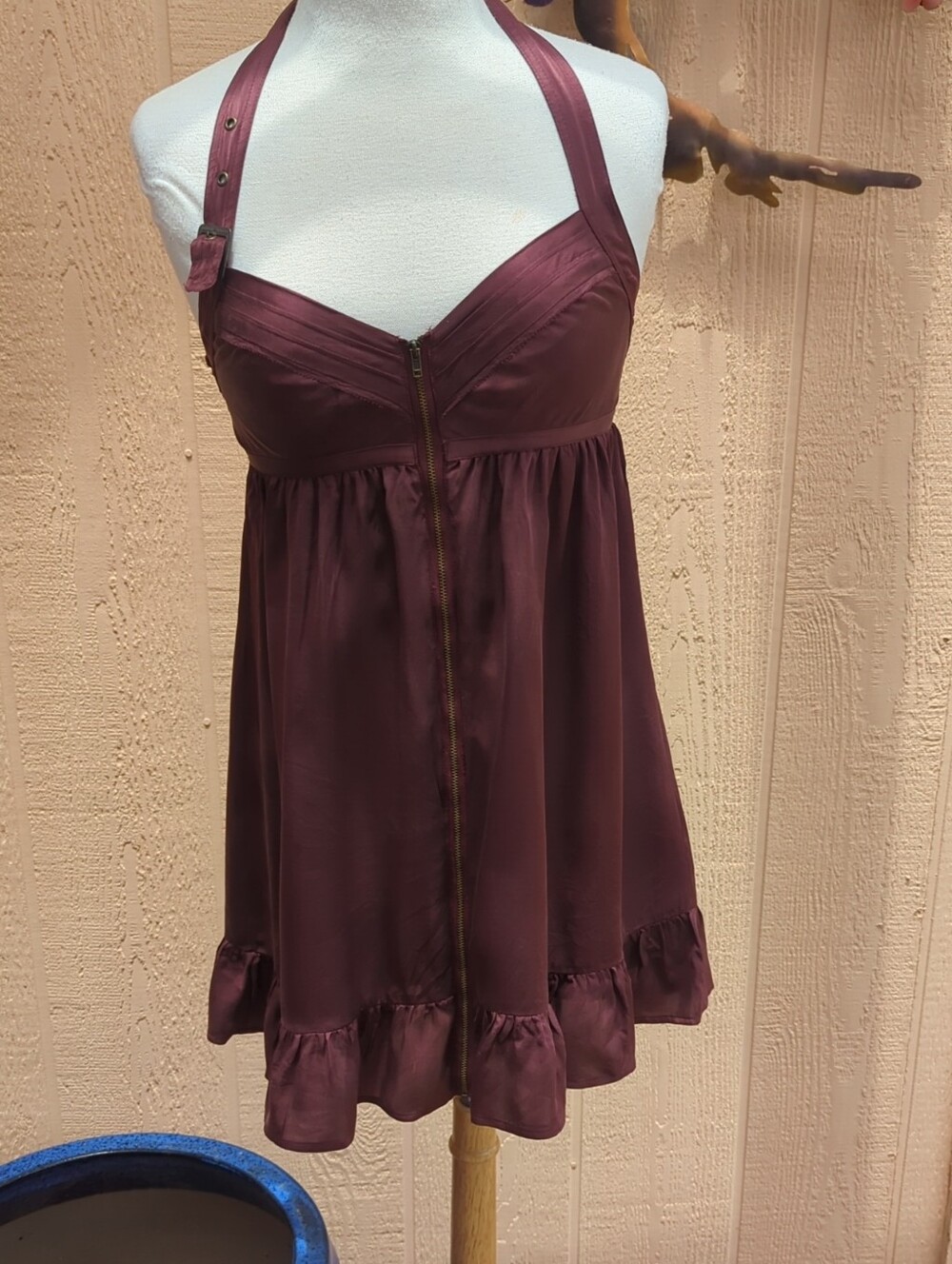 Guess Burgundy Halter Satin Chemise with Front Zipper